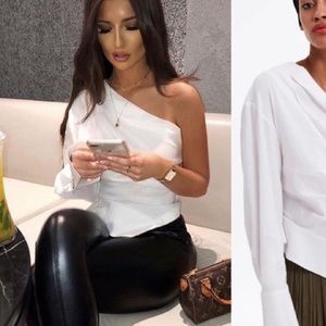 Zara One Shoulder Linen Blend Asymmetrical Top